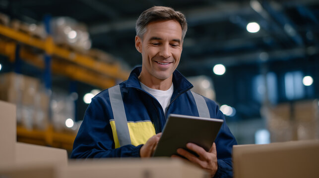 Worker navigating tablet interface while surrounded by rows of cardboard boxes, cinematic depth of field emphasizing focus on tablet screen, industrial lights softly illuminating s