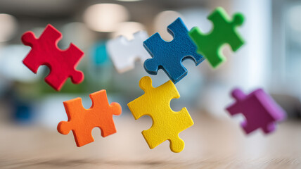 Obraz premium A creativity teamwork concept depicted with multiple puzzle pieces floating in motion, representing ideas coming together innovation and problem solving. 