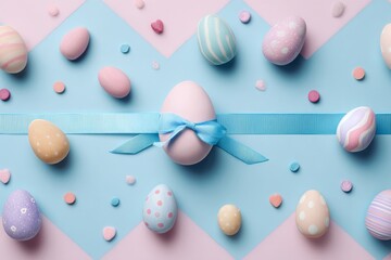 Fototapeta premium Colorful Easter Eggs Arranged on a Pastel Background With Flowers and Leaves