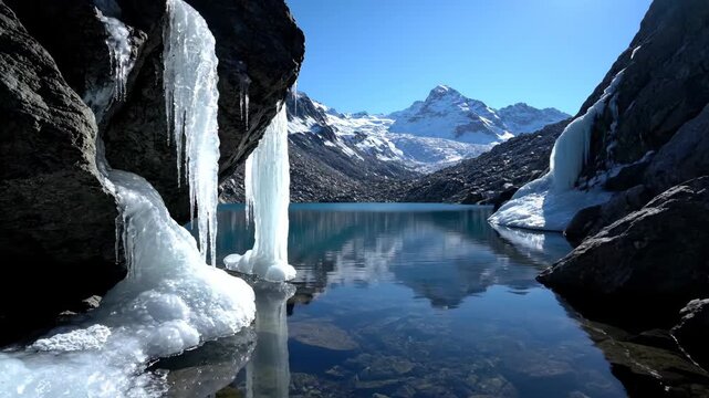 Icicles at High Altitude Lake - This stunning video showcases icicles dangling from rocky surfaces near a pristine high-altitude lake.