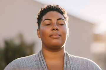 Plus size woman practicing morning yoga outdoors, eyes closed in meditation, surrounded by soft natural light, embodying tranquility and mindfulness in a serene environment