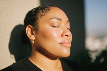 Plus size woman practicing morning yoga outdoors, eyes closed, enjoying sunlight, with a serene expression, embodying tranquility and mindfulness in a peaceful environment