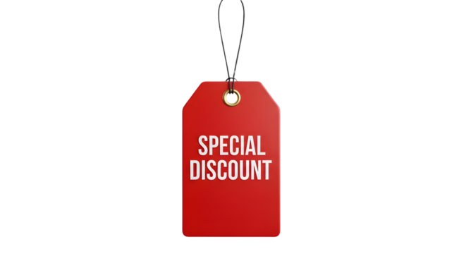 Red special discount price tag hanging isolated on a white background. - Powered by Adobe