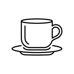 Simple line art illustration of a classic coffee cup and saucer on a white background minimalist design