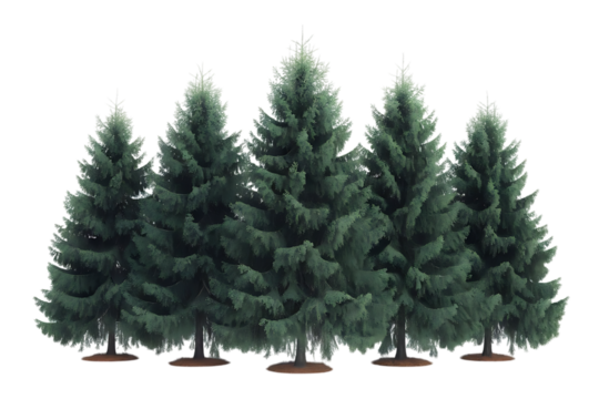 Evergreen pine trees, dense green with textured branches, cutout, PNG isolated on transparent background