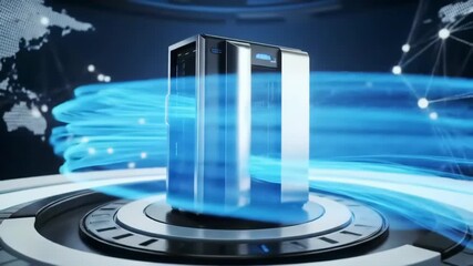 Server transferring data globally, with world map background, for cloud computing - Powered by Adobe