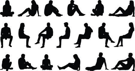 Silhouettes of diverse, relaxed people in various sitting, cross-legged, and reclining poses, for architectural, urban, and landscape