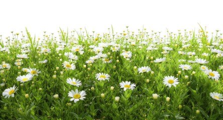 A field of daisies in vibrant green grass against a stark white background