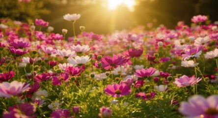 A field of vibrant pink, white, and magenta flowers glows with sunlight