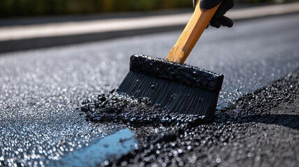 Asphalt joint being sealed, macro shot of trowel and sticky black material, granular details visible