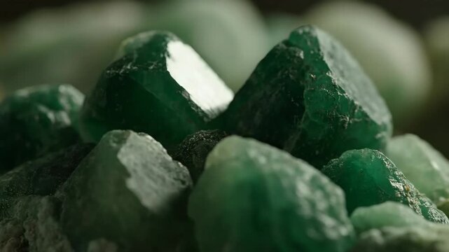 Collection of Rough Green Crystals - A close-up shot shows a collection of raw, uncut green crystals. The intimate perspective reveals the intricate textures and natural beauty of the minerals.