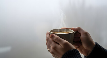 Hands holding a steaming cup of coffee on a foggy day.