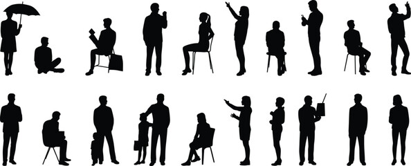 Silhouettes of diverse, everyday people in various active and resting poses, sitting, standing, and interacting, for architectural and urban design visualizations, isolated white background vector,