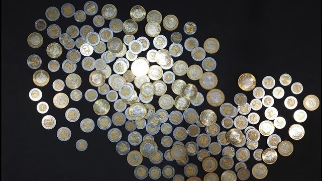 Stop motion: Mexican peso coins forming the silhouette of the map of Mexico