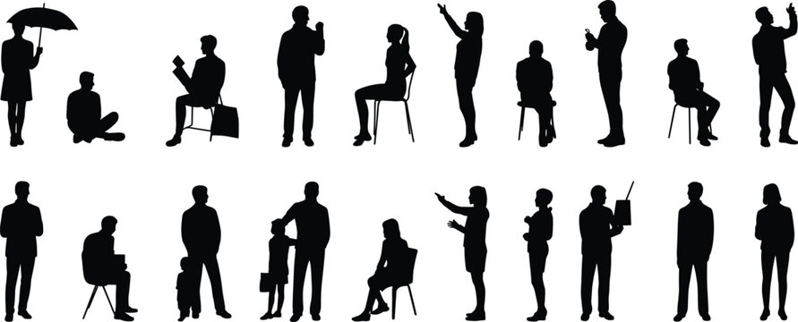 Silhouettes of diverse, everyday people in various active and resting poses, sitting, standing, and interacting, for architectural and urban design visualizations, isolated white background vector,