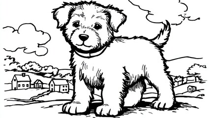 Fluffy puppy stands in a rustic landscape with farms and clouds