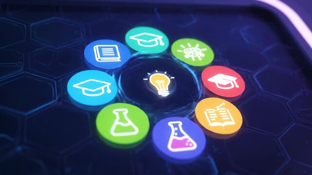 Learning Lab Concept with Educational Icons - A close-up shows an arrangement of colorful circular educational icons placed on hexagonal pattern background, including books, graduation caps, flasks