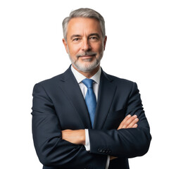 Professional middle aged businessman with gray hair and beard wearing a dark suit and blue tie with arms crossed isolated on transparent background