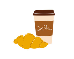 Takeaway coffee cup and croissant on isolated background. Vector illustration for cafe menu, advertising, food packaging