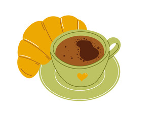 Espresso coffee cup and croissant on isolated background. Vector illustration for cafe menu, advertising, packaging design