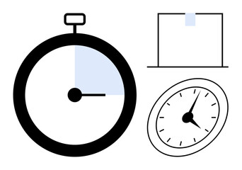 Stopwatch showing elapsed time, clock face with black hands, and blank sticky note. Ideal for time tracking, productivity, deadlines, focus, efficiency scheduling time management. Simple flat