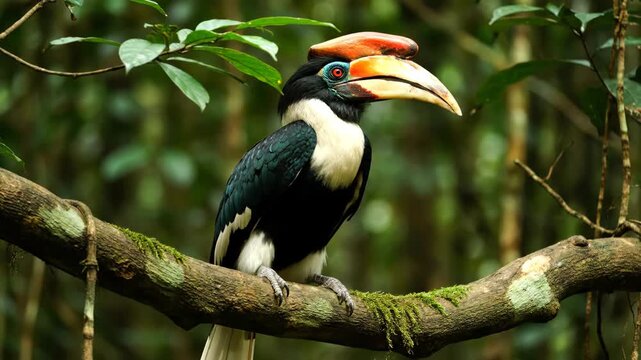 Magnificent Hornbill in Forest - A striking oriental pied hornbill perches on a mossy branch in the lush green forest.