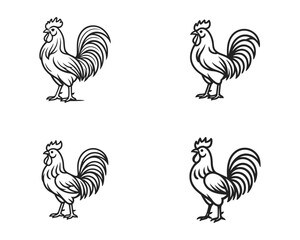 Rooster Morning Icon. A black and white line icon of a proud rooster standing tall with detailed comb and tail feathers – elegant and stylized for a farm theme