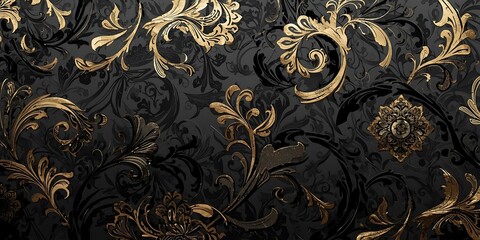 Luxurious Gold Baroque Floral Pattern on Dark Gray Damask
