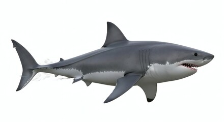 Fototapeta premium Majestic Great White Shark, Powerful Predator of the Ocean, Isolated on White Background, isolated on white background