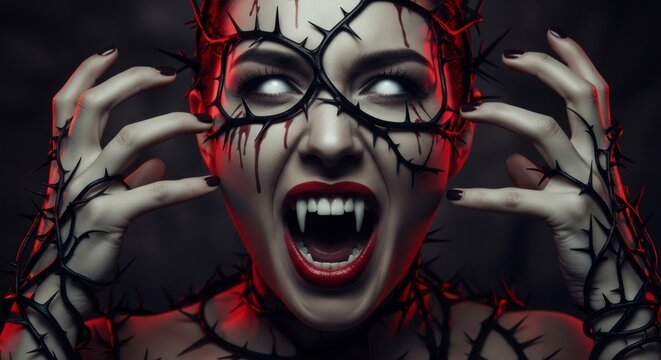 Woman vampire with blood tears fangs and black thorns under red light, banner template for Halloween event horror promotion or dark fantasy portrait with copyspace.
