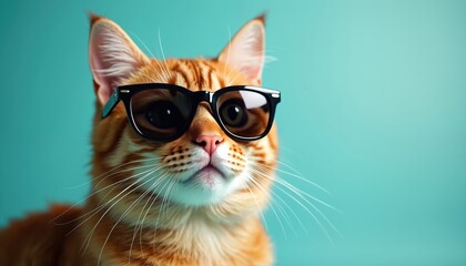 Funny ginger cat wears stylish black sunglasses for portrait. Cool orange pet poses in studio with turquoise background. Adorable fluffy kitten serious expression looking up curiously. Cute domestic