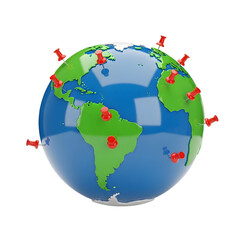 Fototapeta premium A globe with red pushpins marking various locations across continents.