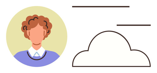 Profile avatar of a person alongside cloud outline symbolizes digital storage, data management, online presence, connectivity, networking, technology integration, and user profile in simple flat