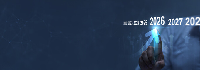 2026 business financial plan market concept, performance of profit growth on 2026, education trend up finance on growth graph money revenue, Businessman analyzes profitability of working