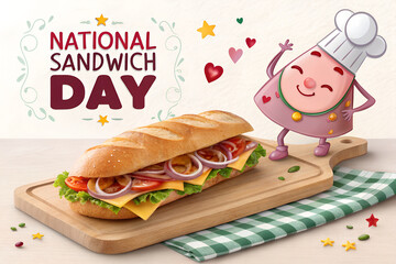 Fun and Whimsical Illustration Celebrating National Sandwich Day with a Fresh Sub Sandwich on a Cutting Board and a Cheerful Cartoon Chef Mascot