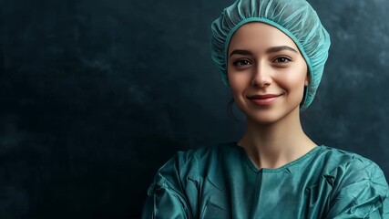 Smiling young female surgeon in scrubs, symbolizing confidence, compassion, and modern healthcare professionalism in medical practice.