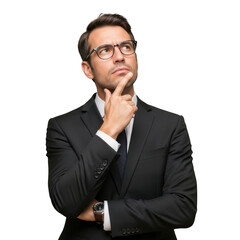 Thoughtful businessman wearing glasses and a suit with hand on chin contemplating a complex decision isolated on transparent background