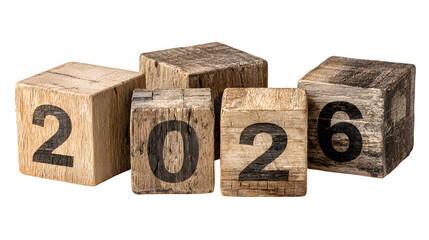 Symbolic New Year 2026 countdown concept showing wooden cubes arranged as 2025 with one block mid-turn to 6, representing time, change, and celebration of a new chapter, isolated on white background