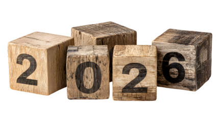 Symbolic New Year 2026 countdown concept showing wooden cubes arranged as 2025 with one block mid-turn to 6, representing time, change, and celebration of a new chapter, isolated on white background
