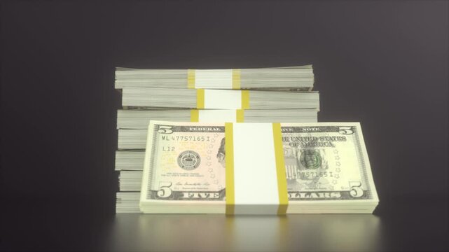 Stacked Bundles of Five Dollar Bills on Dark Minimalist Background