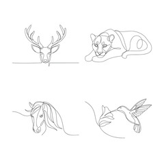 Elegant one line art of deer puma horse and hummingbird drawing style illustration