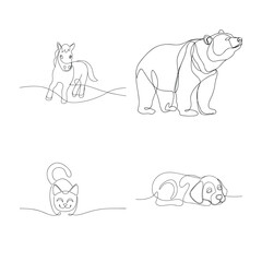 Continuous line drawing of different animals a horse bear cat and dog illustration design