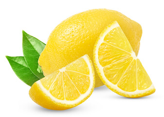 Group of ripe yellow lemon and cut in a slice with green leaves, isolated on white background.