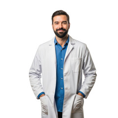 Smiling male scientist wearing a white lab coat and blue shirt with hands in pockets isolated on transparent background