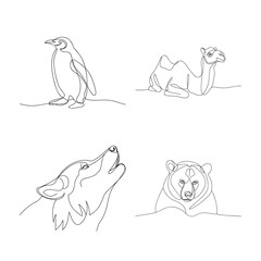 Single Line Art Drawing of Penguin Camel Wolf and Bear on White Background