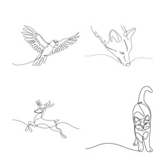 Continuous line drawing of animal collection with bird fox deer and cat isolated