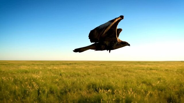 Raptor Soaring Over Grassland - A raptor is seen soaring above a vast grassland under a clear blue sky. The bird's wings are spread wide as it glides effortlessly through the air.