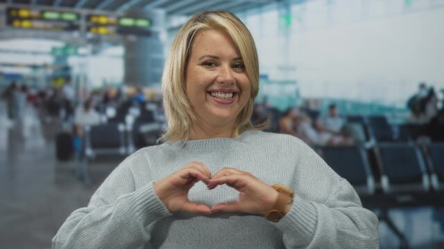 Blonde woman smiling and forming a heart shape with her hands near passenger seats by a gate in modern airport terminal; love.