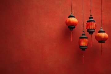 Fototapeta premium Three Hanging Lanterns Illuminate a Warm Red Wall in a Cozy Setting During Evening Hours