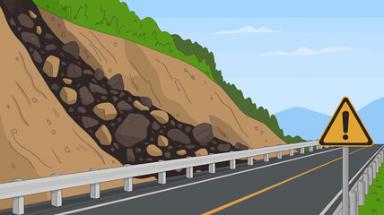 Landslide Warning Sign on Mountain Road A Symbol of Natural Hazards and Safety Awareness